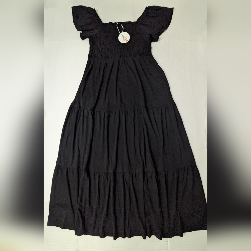 ANRABESS off the Shoulder Smocked Black Midi Dress Tiered Skirt Size XL NWT